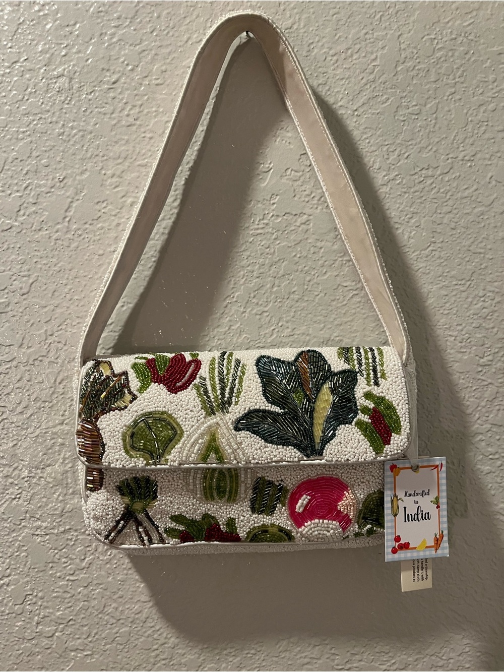 Hand-Beaded Floral Clutch in White, Green & Pink